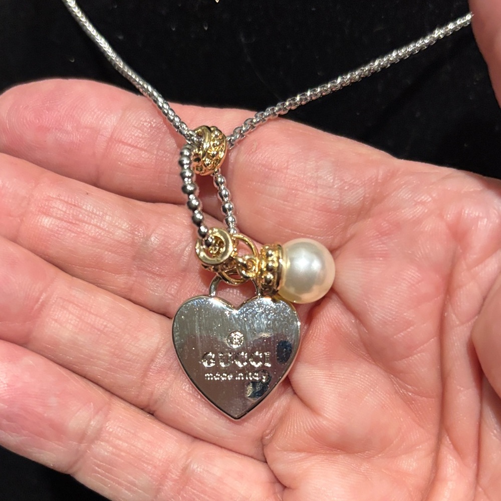 Silver Heart Pendant Necklace with Upcycled GG heart charm & Pearl Charm - Picture 3 of 6